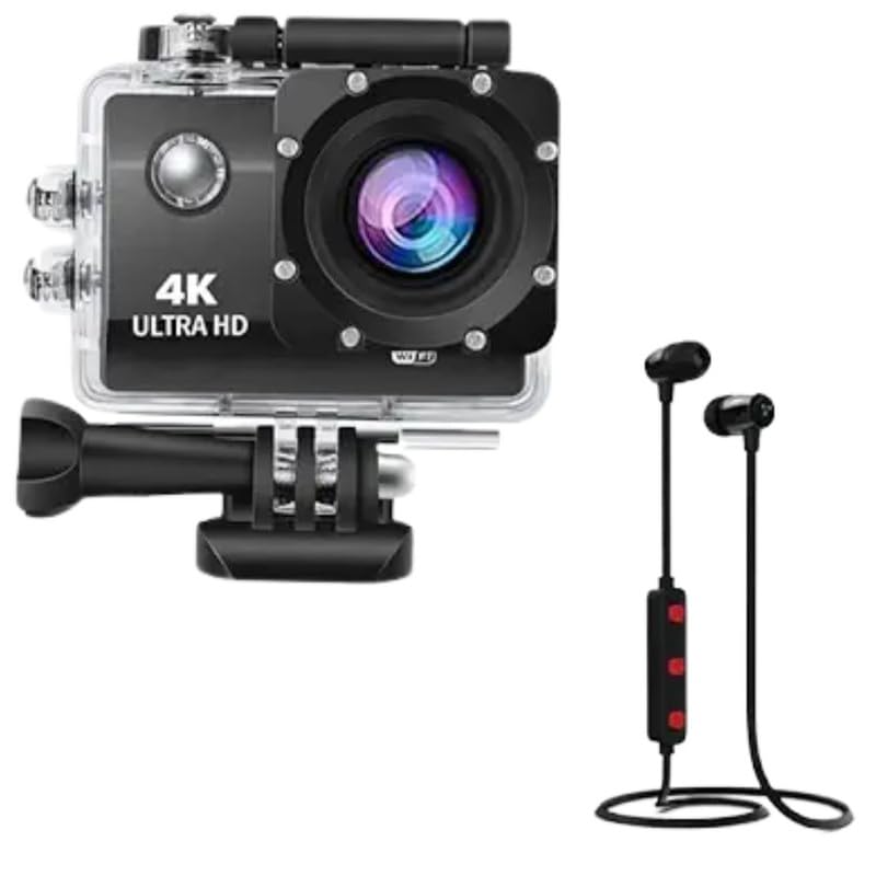 Drumstone 2 Items Combo Pack - Touch Screen Sports Action Camera, 4K Waterproof Sport Camera,170 Degree Wide Angle WiFi HD Cam, 16MP with Sweatproof Light Weight Magnetic Bluetooth Headset Earphone