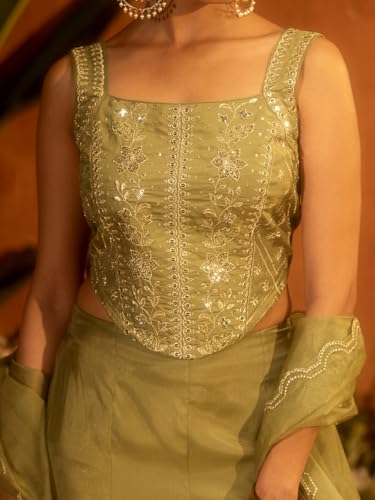 Image of FIORRA Women Olive Green Viscose Chanderi Embroidered Ethnic Top Palazzo Set with Dupatta