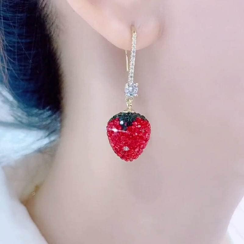 strawberry's earrings for Women Girl Ladies, Zircon inlaid Strawberry's pendant hook earrings - Image 3