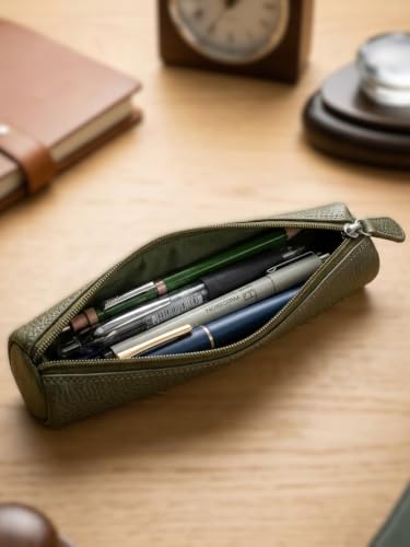 Image of Calfnero Genuine Leather Pen-Case for Men & Women | Premium Green Leather Pencil-Pouch with Zipper | Cylindrical Pen-Holder Organizer for Pen, Pencils & Stationery | Unisex Pen-Sleeve