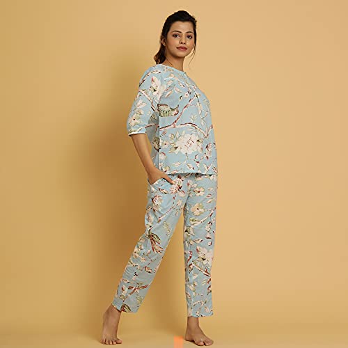 Image of SANSKRUTIHOMES Women's Premium 100% Cotton Printed Co-Ord Set | Short Sleeve Shirt & Pant Set | Pink Checkered Sun & Palm Tree Print | Casual Summer Resortwear, Vacation Wear & Comfortable Loungewear