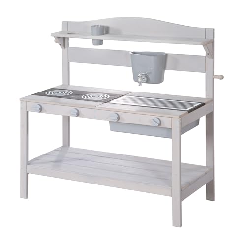roba Cuisine Extérieure pour Enfants en Bois Massif - avec Évier en Plastique, Plaques de Cuisson, Réservoir à Eau et Accessoires - Idéale de 18 Mois à 8...
