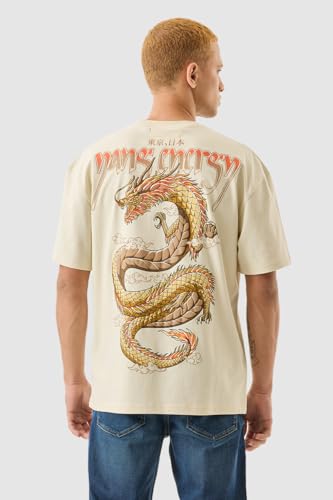 Image of SNITCH Men T-Shirt | Oversized Fit with Bold Dragon Graphic & Japanese Text | 100% Cotton Material, Crew Neck & Drop Shoulder Design | Casual & Streetwear Fashion