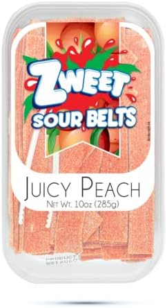 Zweet Sour Juicy Peach Candy Belts 10 Ounce – Sour Kosher Candy, Halal Candy – Resealable Pack of Sour Licorice Belts