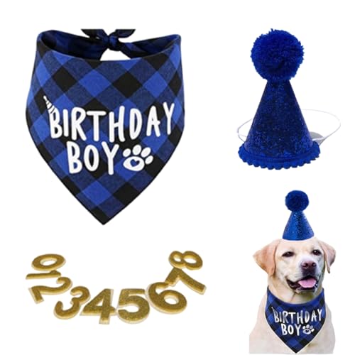 WUSJCOF Set Compleanno Cane 3 Pezzi, Bandana e Cappello con 8 Numeri Bling Adesivi, Regalo di Compleanno per Cani, Decorazioni per Festa di Compleanno Cane (Blu)