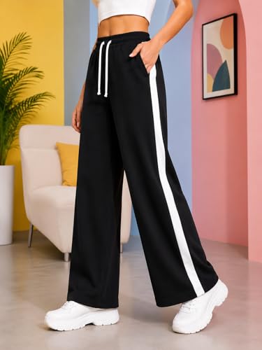 Image of Women's Wide Leg Track Pants, Black with White Side Stripe, Drawstring Waist, Pockets (in, Alpha, XL, Regular)