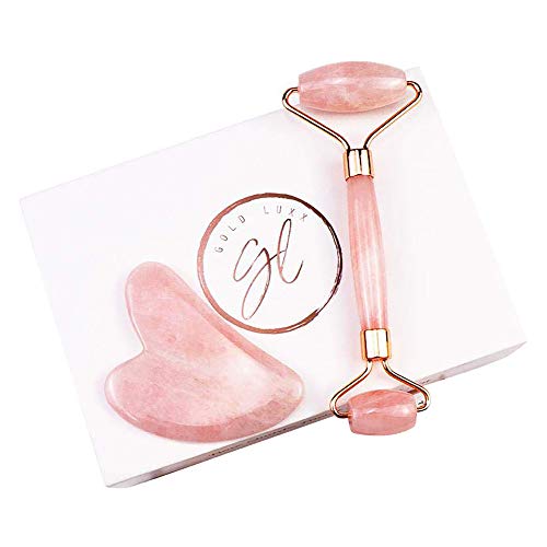 Gold Luxx Jade Roller for Face | 2 in 1 Luxury Face Massager Set | Includes Rose Quartz Roller and Gua Sha Scraping Tool | Anti-aging Eye Roller and Face Roller Gift Set