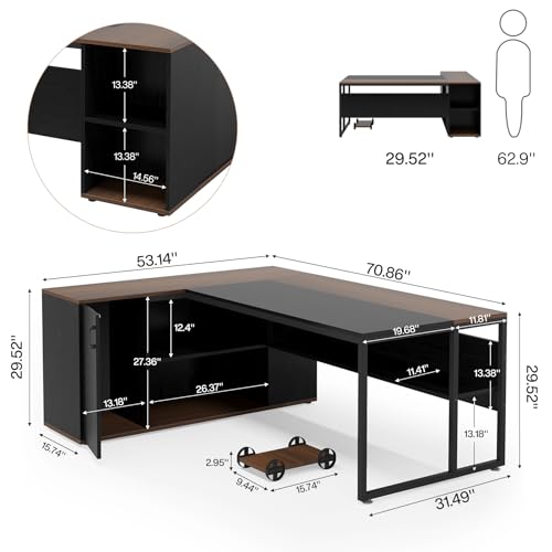 Image of Tribesigns 71 inch Executive Desk, L Shaped Desk with Cabinet Storage, Executive Office Desk with Shelves, Business Furniture Workstation for Home Office, Black and Brown