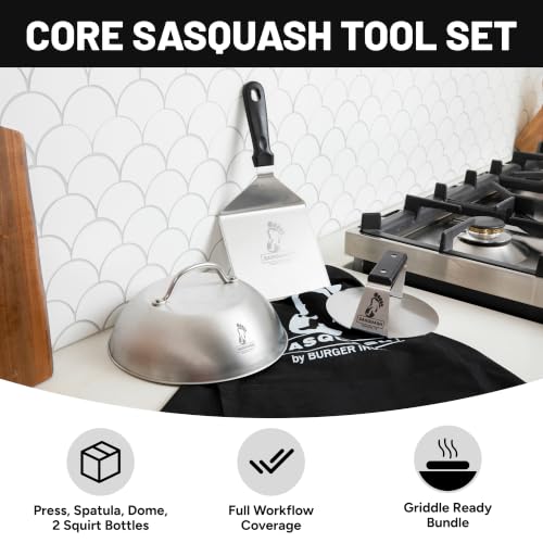 Image of Sasquash Burger Press Kit, 5 Piece Smash Burger Set, Smash Burger Press, Spatula, Melting Dome and 2 Squirt Bottles for Griddle and Grill, Stainless Steel, Kitchen Gadgets, Grilling Accessories