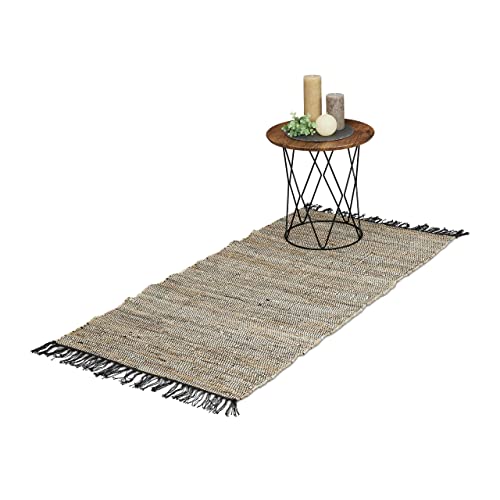 Relaxdays Tapis tissé, 70 x 140 cm, Coton et Cuir, Descente de lit à Franges, antidérapant, Gris