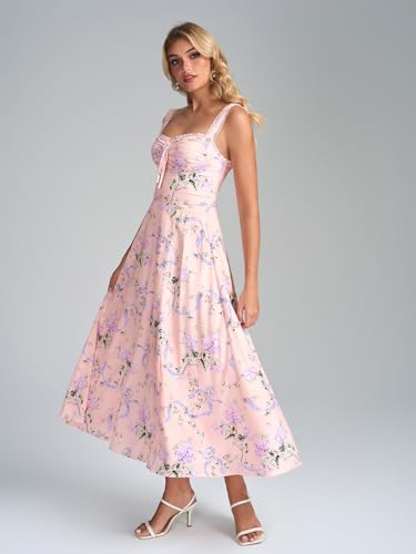 Image of KUTUMAI Floral Corset Midi Dresses for Women 2026 Lace Up Flowy Summer Wedding Guest Dress with Pockets