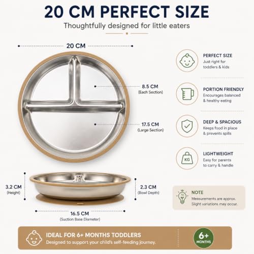 Image of Soreign Stainless Steel Kids Suction Plate with Spoon | Silicone Suction Base Baby Feeding | Non-Slip BPA Free Toddler Self Feeding Plate | Food Grade Set of 1 (Beige)
