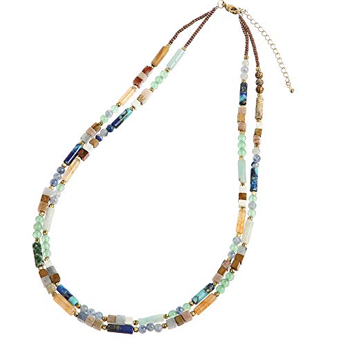 Plumiss Boho Handmade Natural Jasper Stone Beaded Crystal Mixed Strand Short Necklace for Women Girl