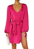 PRETTYGARDEN Women's Spring Long Puff Sleeve Satin Dress V Neck Cocktail Party Belted Short Formal Dresses (Rose Red,Small)