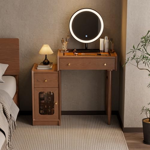 Image of Luxury 100% Solid Wood Vanity Desk with Mirror, Mid-Century Modern Makeup Table with Glass Top & Ambient Light, 2-in-1 Vanity and Nightstand with Storage Cabinet for Bedroom (Desk & Mirror)
