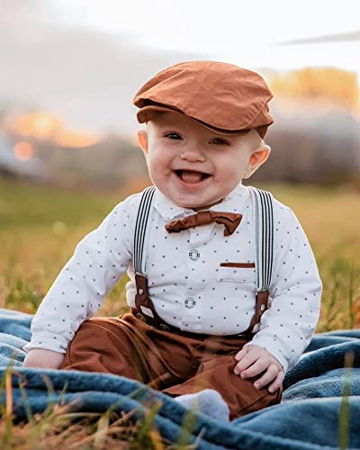 Baby Boy Clothes 0-18M Infant Tuxedo Long Sleeve Gentleman Outfits + Suspender Pants + Bowtie + Beret Hat Baby Boy Suit Set White #TOP2