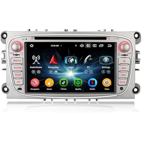 Android 14 Car Stereo for Ford Focus Mondeo S-Max C-Max Galaxy DVD Player Support GPS Sat Nav Carplay Android Auto DSP Bluetooth Wifi 4G DAB+ 8-Core 4GB RAM+64GB ROM Silver Cover