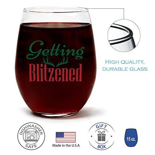 Getting Blitzened Stemless Christmas Wine Glass For Fun Christmas Holiday Present With Gift Box - 15 Ounces #TOP2