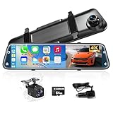 ドライブレコーダー ミラー型 4K【12インチ大画面 CarPlayとAndroidAuto対応】ドラレコ前後カメラ 170°超広角 バックガイドラインタッチパネル タイムラプス録画 ドラレコミラー型 分割画面 24時間駐車監視 64GBメモリカード付き デジタルインナーミラー 12-24V対応 M CARKUMI日本語取扱説明書付き