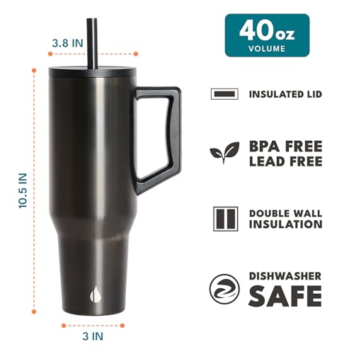 Image of Elemental Spill Proof 40oz Insulated Tumbler with Handle & Straw Travel Mug | Stainless Steel Commuter Travel Coffee Mug for Cold Beverages, Includes 2 Straws & a Spill Proof Lid for Everyday Use