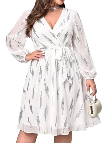 Image of RED DOT BOUTIQUE 876 - Plus Size Elegant Sheer Sleeve Dress with Waist Sparkle Chiffon Mesh Cocktail Dress