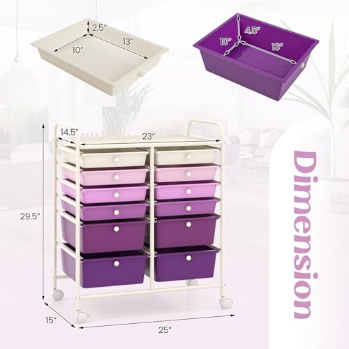Image of LDAILY 12 Drawer Rolling Storage Cart, Craft Cart Organizer on Wheels with Metal Frame, Large Capacity & Smooth Drawers for Living Room, Classroom, Office (Gradient Purple)