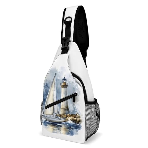 Lighthouse Tower Sea Sail Boat Crossbody Sling Backpack Casual Chest Bag Fanny Pack for Women Men Travel Hiking