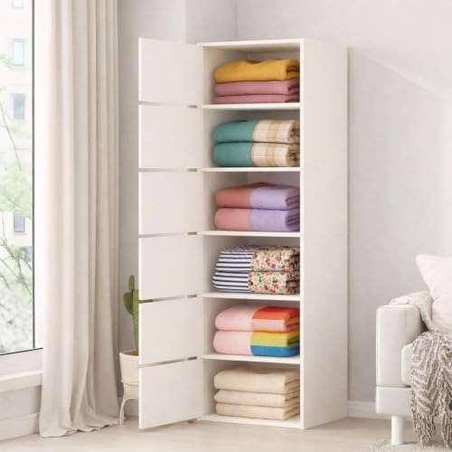 Image of Mevigo Foldable Wooden Wardrobe for Bedroom 6-Shelf Engineered Wood Storage Cabinet for Collapsible Cupboard Almirah for Clothes Space Saving Wooden Wardrobe with Door White