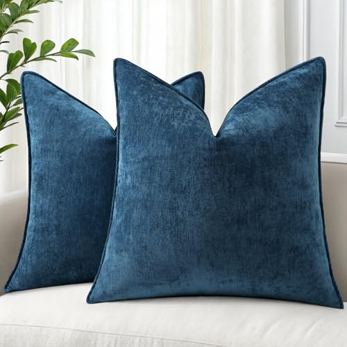 decorUhome Couch Throw Pillow Covers 20x20 Set of 2, Decorative Soft Euro Neutral Chenille Pillow Covers with Elegant Design for Sofa Bed Living Room Home Decor, Poseidon