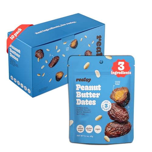 Realsy Peanut Butter Stuffed Medjool Dates, Organic Dates with No Sugar Added, Gluten-Free, Vegan, Good Source of Fiber, Low Glycemic Index, All Natural Healthy Snack, (10 Pack)