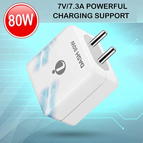 Image of 80W DASH Fast Type-C Charger for Samsung Galaxy S21 FE 5G 80 WATT Charger Oppo : Vooc & Super Vooc Charging | Realme : Dash / Dart SuperDart Charging | One Plus: Dash / Wrap charging | Xiaomi: Quick Charging | Samsung: Adaptive Fast charging | Vivo: Dual engine Fast Charging | Motorola: Turbo charging | HTC: Fast Charging ALL-IN-ONE CHARGER With 65W Type-C USB Data Charging Cable - XH1: (80 W, WHITE)