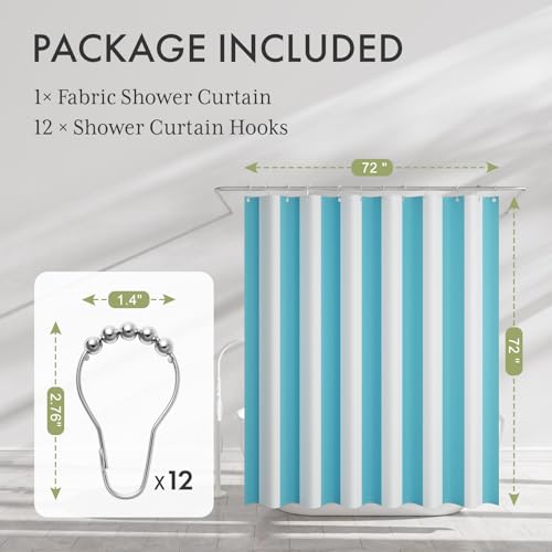 Image of AmazerBath Blue Vertical Stripes Shower Curtain, Cute Blue Stripe Bathroom Shower Curtain with 12 Shower Curtain Hooks, Rustic Fabric Blue and White, 72x72 Inches