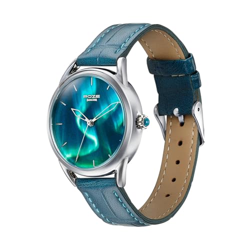 Image of Sonata Poze 8 Quartz Analog Northern Lights Inspired Watch for Unisex with Blue Luminous Dial & Blue Leather Strap - SP70100SL01W