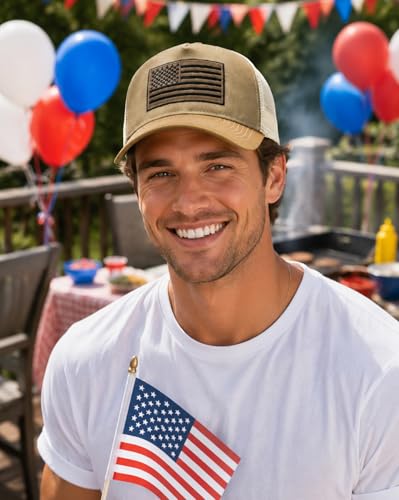 Image of American Flag Trucker Hat for Men Women, Adjustable Snapback Mesh USA Flag Baseball Cap