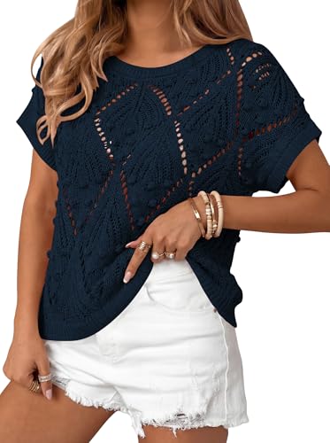 Image of Cakulo Womens Summer Crochet Boho Crop Tops Short Sleeve Lightweight Knit Sweater 2026 Beach Vacation Cruise Resort Wear