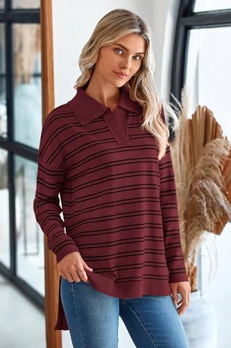 Image of MASCOMODA Womens Sweaters Fall 2025 Oversized Striped Sweater Long Sleeve Polo V Neck Loose Side Slit Knitted Tunic Tops