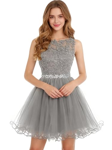Image of Dydsz Women's Lace Applique Short Prom Dress A Line Tulle Homecoming Dresses Beaded Mini Graduation Party Dress
