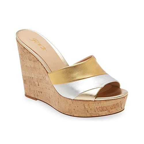 FOWT Beach Platform Two Tone Stripes Patchwork Shallow Wedge Sandals for Woman Chic Shiny Leather Cork Heel Gold Pumps Comfort Slip on 3 inches Daily Casual Travel Shoes, US Size 4-16 M
