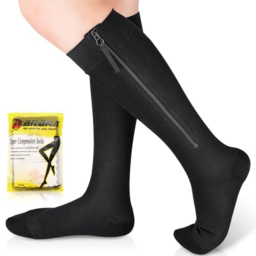 Ailaka Zipper Compression Socks Medical, 15-20 mmHg Knee High Compression Socks for Men Women, Close Toe Support Socks for Varicose Veins, Edema, Recovery, Pregnant, Nurse(Black, Medium)