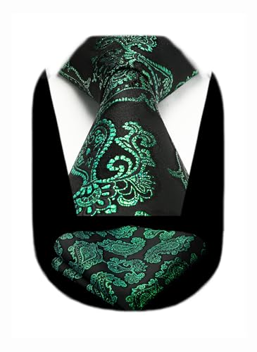 Image of HISDERN Extra Long Ties for Men Classic Floral Tie and Pocket Square Elegant Silk Necktie Handkerchief Set Wedding Party