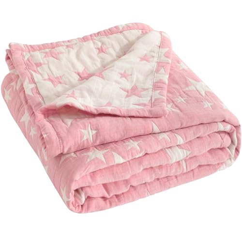 Image of NTBAY 3 Layer Toddler Blanket, Muslin Cotton Jacquard Bed Blankets, Lightweight Thermal Baby Blanket, Super Soft and Warm Crib Blanket for All Seasons, Decoration Gift, 30"x40", Pink Star