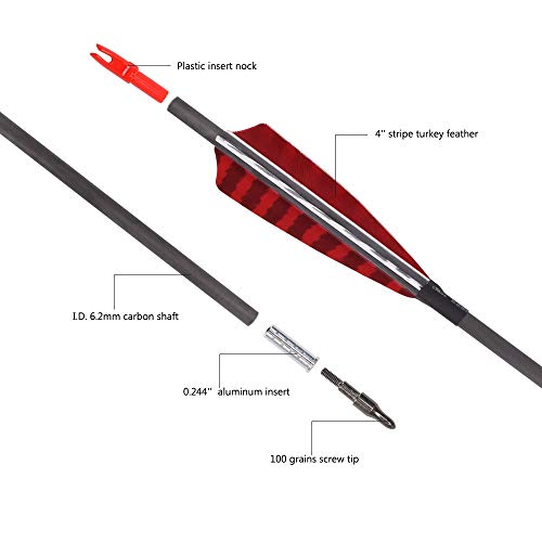 Pure Carbon Arrows 30 Inch 600 Spine Turkey Feather Fletching Screw-In Field Points Targeting Hunting Traditional Long Bow Arrows For Recurve Bow Compound Bow (Pack Of 12) #TOP1