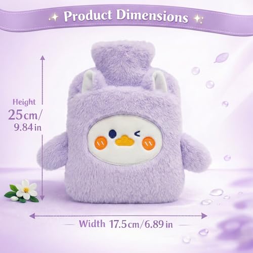Image of Hot Water Bottle with Plush Duck Cover 1000ML Premium Leak-Proof Heating Bag for Period Cramps, Back, Neck & Joint Pain Relief Hot & Cold Compress for Muscle Injuries & Swelling with Bunny Sleeve (Lavender - Duckling)