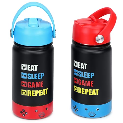 Image of Kids Insulated Water Bottle with Straw Lid, 14oz Double Wall Vacuum Stainless Steel Tumbler, Leak Proof Reusable Metal School Cup for Boys Girls, Keep Cold 24H Hot 12H (Blue-Red-EAT(Pack 2))