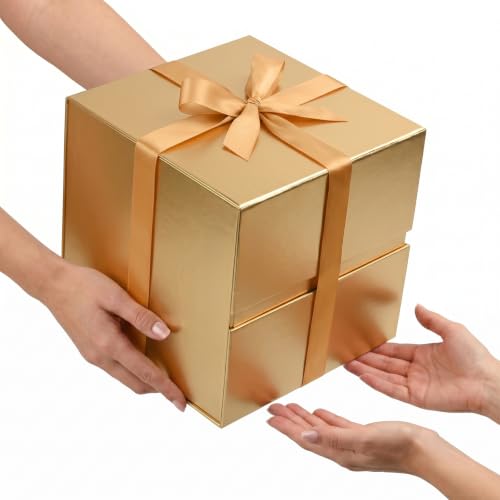 Image of LIFELUM Gold Square Gift Box 10.2 x 10.2 x 10.2 inch, 1 Pack Luxury Magnetic Gift Box with Lid, Card, Ribbon, Shredded Paper Filler for Birthday, Business, Wedding, Graduation Gifts