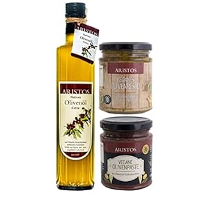 ARISTOS Gourmet biologische olijfolie, cadeauset, 500 ml, koudgeperst extra Griekenland en 2 x Griekse tapenade olijfpasta, 3-delige cadeauset voor paascadeau