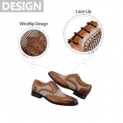 Mens Plaid Wingtip Oxfords Fashion Leather Round Toe Low Block Heel with Lace-Up Formal Brogues for Business Wedding Prom Work Daily4