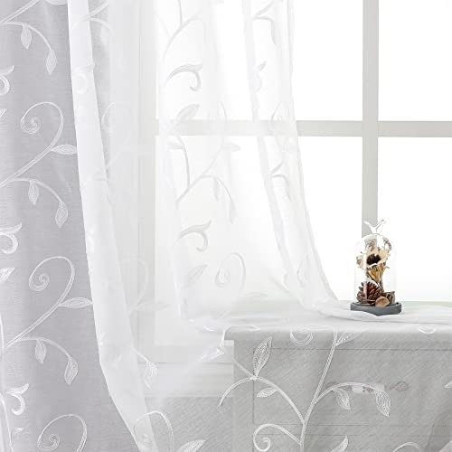 VISIONTEX White Sheer Curtains Embroidered Leaves 2 Panels 54Wx84L