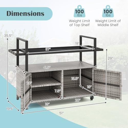 Tangkula Outdoor Bar Cart, Patiojoy Rolling Wicker Buffet Serving Cart with Tempered Glass Top, Storage Cabinet & 8 Hooks, Kitchen Island Cart on Wheels for Porch Backyard Garden Poolside (Mix Grey)