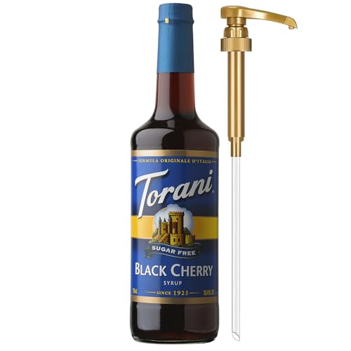 Torani Sugar Free Syrup, Black Cherry Flavored Syrup for Drinks, Zero Calorie, Glass Bottle with Pump Included, 25.4 Fl Oz